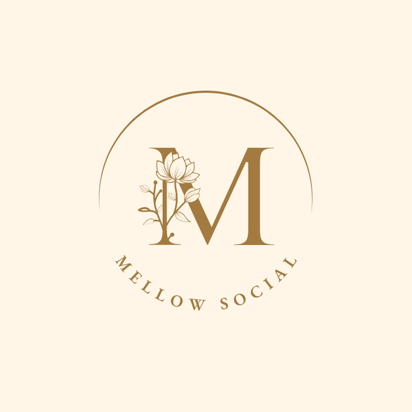 MellowSocial logo, capital M with flowers growing from the roots on the first line, surrounded by a half-circled dome above the letter, and the brand full name Mellow Social in all capital letters. Beige color background, dark beige to brownish color details.